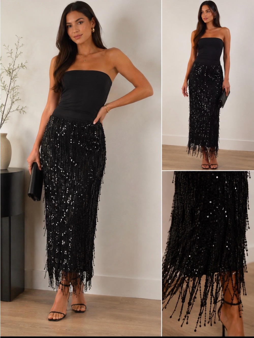 Título: Rich Radi Q’s Black Sequin Fringe Maxi Skirt Size M